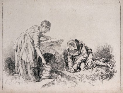 A girl filling a bucket at a water-outlet, whle a boy is opening up a fish (to clean it?). Soft ground etching by W.H. Pyne, 1813.
