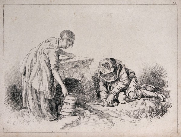 A girl filling a bucket at a water-outlet, whle a boy is opening up a fish (to clean it?). Soft ground etching by W.H. Pyne, 1813.