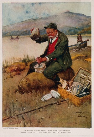 view A man is sitting on a rock by the side of a lake with a fishing rod and picnic basket, trying to open a tin of salmon with a knife and a stone. Process print after Lawson Wood.