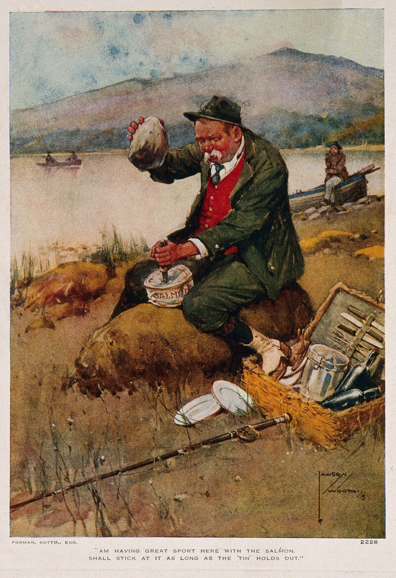 A man is sitting on a rock by the side of a lake with a fishing rod and picnic basket, trying to open a tin of salmon with a knife and a stone. Process print after Lawson Wood., by Lawson Wood