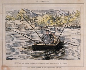 view A man sits in a boat with three fishing rods as two others row him across the lake, a fish jumps in the background behind them. Process print after John Leech.