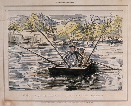 A man sits in a boat with three fishing rods as two others row him across the lake, a fish jumps in the background behind them. Process print after John Leech.