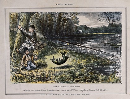 A man is trying to escape up a tree as the fish he has caught is writhing around on the bank of the river. Coloured process print after John Leech.
