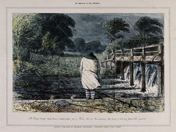 A man is standing on the banks of a river with a fishing line in the water, he is hunched against the very wet and windy weather. Coloured process print after J. Leech.
