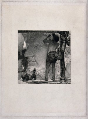 view Two men are using hammers and chisels to sculpt the face of a statue. Etching after L. Alma-Tadema.