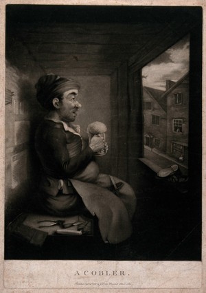 view A shoemaker sits on a bench with a tankard of ale in his hands, his tools are lying around him and a pair of shoes are on the window sill. Mezzotint by J. Dean, 1786.