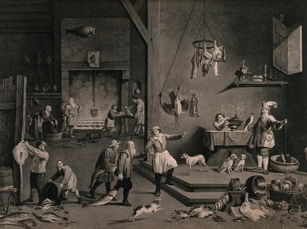 A man in cap and apron is showing another man pulling a fish behind him, towards a table on a platform; more fish, vegetables and game are being dealt with by other people. Engraving by J.B. Michel, 1777, after D. Teniers II.