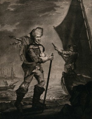 view A fisherman is standing on a rock with his nets and baskets strapped to his back. Mezzotint by J. Jones after G. Carter.