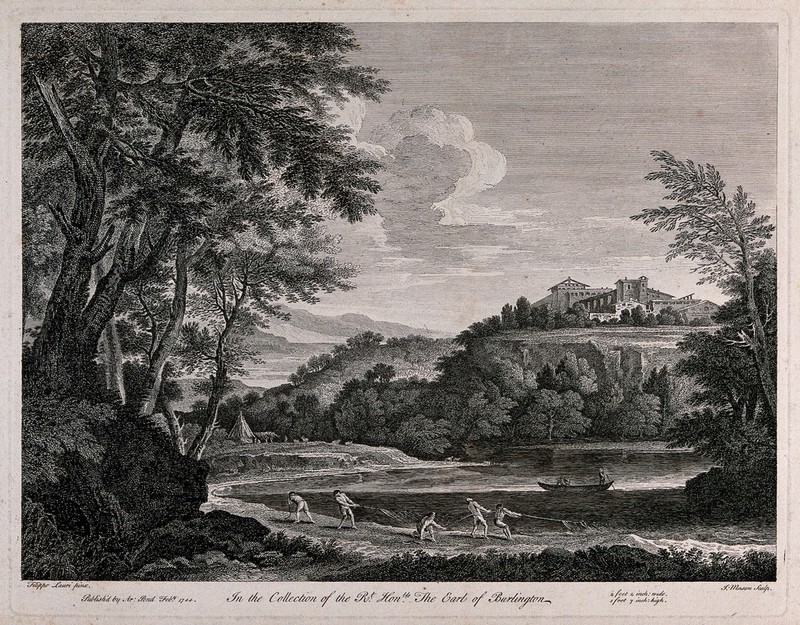 A fishing boat is out on the water, men on the bank haul in a large fishing net. Engraving by J. Mason after F. Lauri., Feby. 1744, by Filippo Lauri