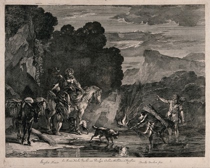 A family on horseback with a donkey for travelling have stopped by the water, one boy is gathering crabs. Engraving by Dancker Danckerts after N. Berchem.