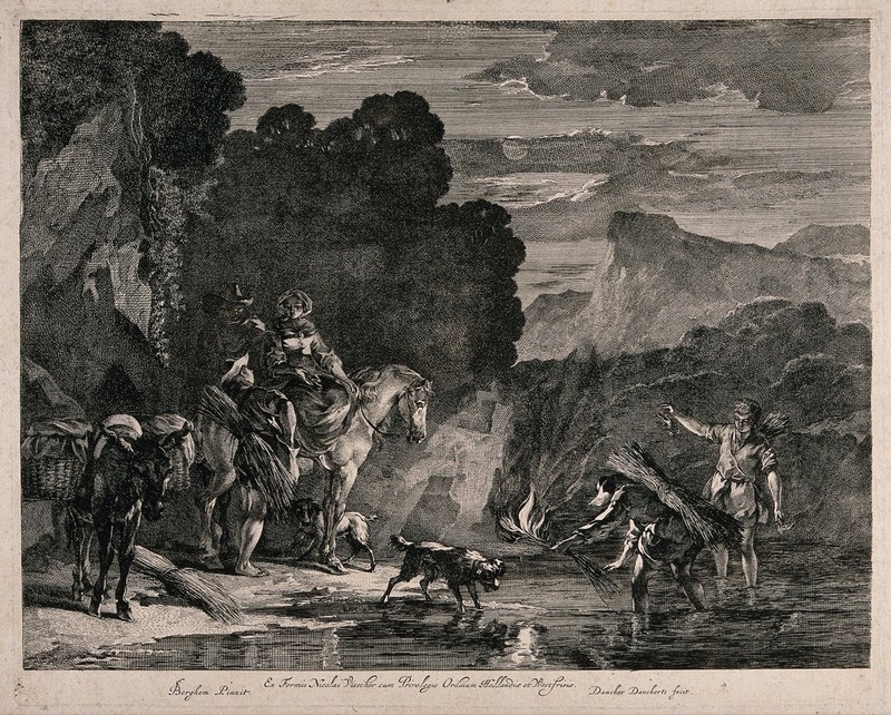A family on horseback with a donkey for travelling have stopped by the water, one boy is gathering crabs. Engraving by Dancker Danckerts after N. Berchem., by Nicolaes Pieterszoon Berchem