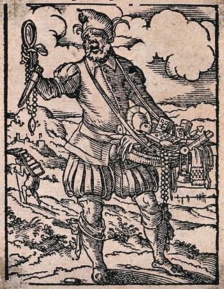 A travelling peddler with a tray of goods crying up his wares while on the road. Woodcut by J. Amman.