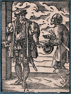 A lawyer receiving a plea from a poor man. Woodcut by J. Amman.