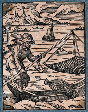 A fisherman on his boat at sea, with a lobster pot, lowering a lift net. Woodcut by J. Amman.