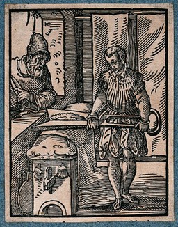 A shearman removing the nap from rough woven cloth, watched by another man from a window. Woodcut by J. Amman.