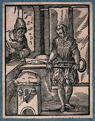A shearman removing the nap from rough woven cloth, watched by another man from a window. Woodcut by J. Amman.