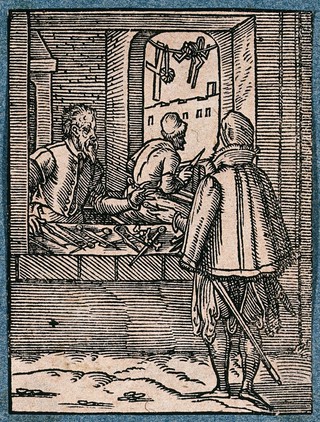 A maker of geometrical and surveying instruments talks to a customer standing outside his shop, while an assistant works at a window beyond. Woodcut by J. Amman.