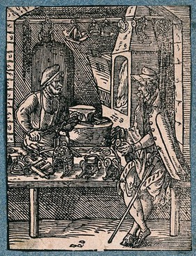 A spur-maker (spurrier) working at a bench as he talks to a customer. Woodcut by J. Amman.