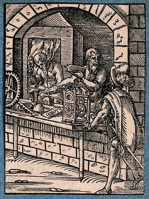 view A clock-maker is talking to a man outside his shop as he assembles a clock and an assistant works beyond. Woodcut by J. Amman.