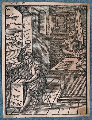 view Craftsmen making goldleaf. Woodcut by J. Amman.