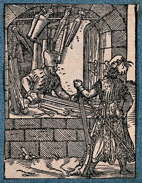 A gun maker is working at the window of his workshop, talking to a customer. Woodcut by J. Amman.