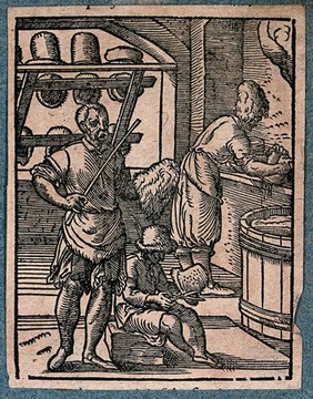 Three hatters at work in their workshop, with hats on display. Woodcut by J. Amman.