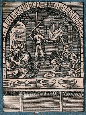 view Makers of brass basins and bowls at work in their workshop. Woodcut by J. Amman.