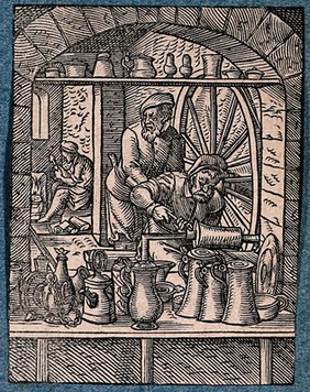 Tin-founders and pewterers making jugs, drinking vessels etc. Woodcut by J. Amman.