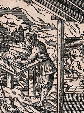 A brickmaker making bricks and roofing tiles: others carry them away in wheelbarrows to be fired in a kiln. Woodcut by J. Amman.