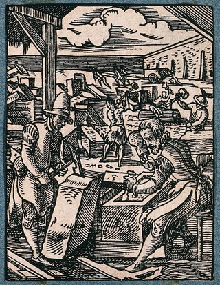Stone masons working on blocks of stone, making cisterns, columns, building parts etc. Woodcut by J. Amman.