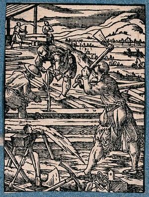 view Carpenters working in the open air, making woodwork for mills, castles, bridges and ships. Woodcut by J. Amman.