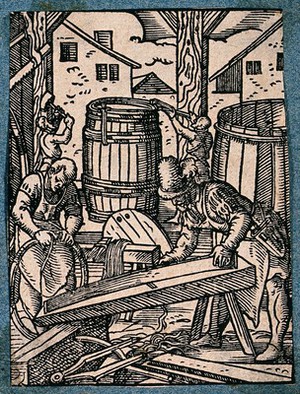 view A cooper and his assistants making waterbutts and barrels for wine and beer. Woodcut by J. Amman.