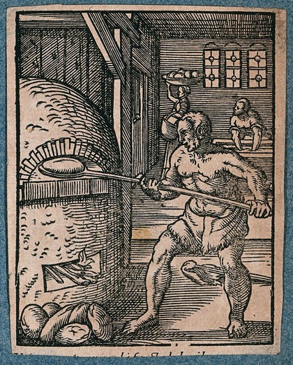 A baker is loading uncooked dough into an oven, as baked loaves are carried away by a woman. Woodcut by J. Amman.