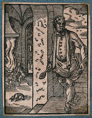 view A cook holding a saucepan and wooden spoon, while in the background another cook roasts meat on a spit. Woodcut by J. Amman.