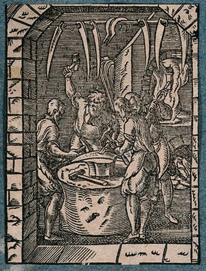 view Makers of scythes and sickels hammering a metal blade on an anvil. Woodcut by J. Amman.