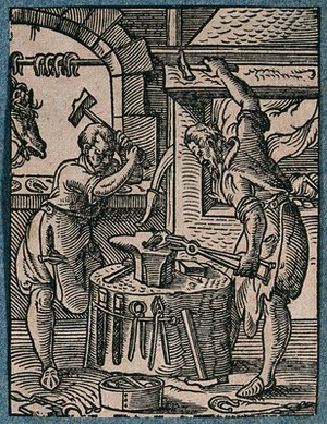 view Blacksmiths making a horseshoe on an anvil while finished horseshoes hang on a rail in the window. Woodcut by J. Amman.