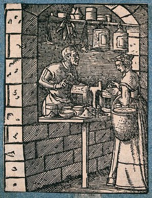 view A lantern maker working at his bench, talking to a woman customer who inspects a finished lantern. Woodcut by J. Amman.