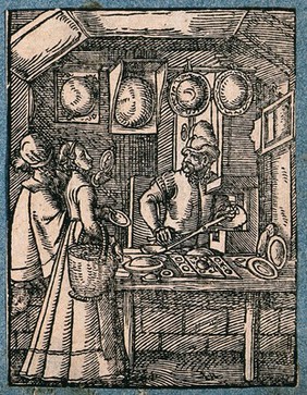 A mirror maker in his workshop, with convex mirrors on display and two customers trying out hand-held mirrors. Woodcut by J. Amman.