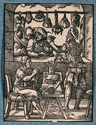 A maker of handbags at work in his workshop: a man and a woman pass the window, and the woman asks the man to buy her a bag held up by a salesman. Woodcut by J. Amman.