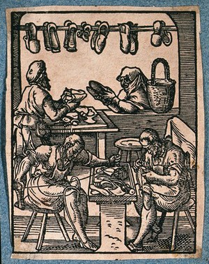 view A maker of shoes and boots is selling shoes to a woman at the window of his workshop, as his assistants sew and hammer footwear. Woodcut by J. Amman.