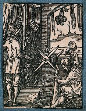 A ropemaker and his assistant making ropes for use in ships, building, and hunting. Woodcut by Jost Amman.