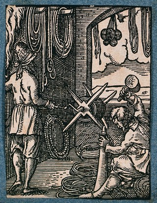 A ropemaker and his assistant making ropes for use in ships, building, and hunting. Woodcut by Jost Amman.
