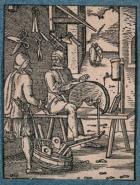 A knife-grinder sharpening a blade on a grinding wheel as a customer arrives with a plane to be sharpened. Woodcut by J. Amman.