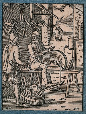 view A knife-grinder sharpening a blade on a grinding wheel as a customer arrives with a plane to be sharpened. Woodcut by J. Amman.