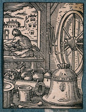 A bell-founder with his stock of bells, mortars, braziers etc. Woodcut by J. Amman.