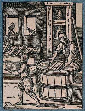 view A man making paper; his apprentice carrying away the finished sheets. Woodcut by J. Amman.