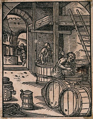 view A brewer pouring beer into a barrel; behind, the operations of brewing. Woodcut by J. Amman.