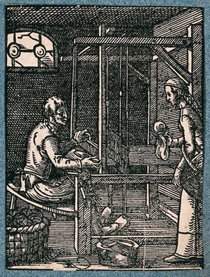 view A weaver working on a treadle-operated loom as a woman brings him more thread. Woodcut by J. Amman.