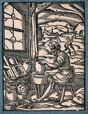 view A potter making clay pots on a wheel. Woodcut by J. Amman.