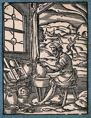 A potter making clay pots on a wheel. Woodcut by J. Amman.